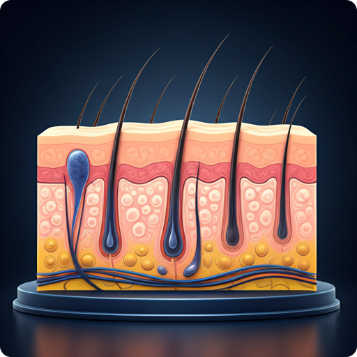 Illustration of the skin ecosystem showing the layers of the skin, hair follicles, sebaceous glands, and supporting tissue. russian spanish german